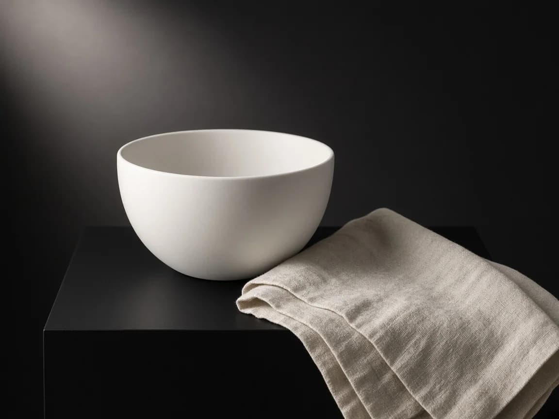 White ceramic bowl and linen napkin in a dark studio