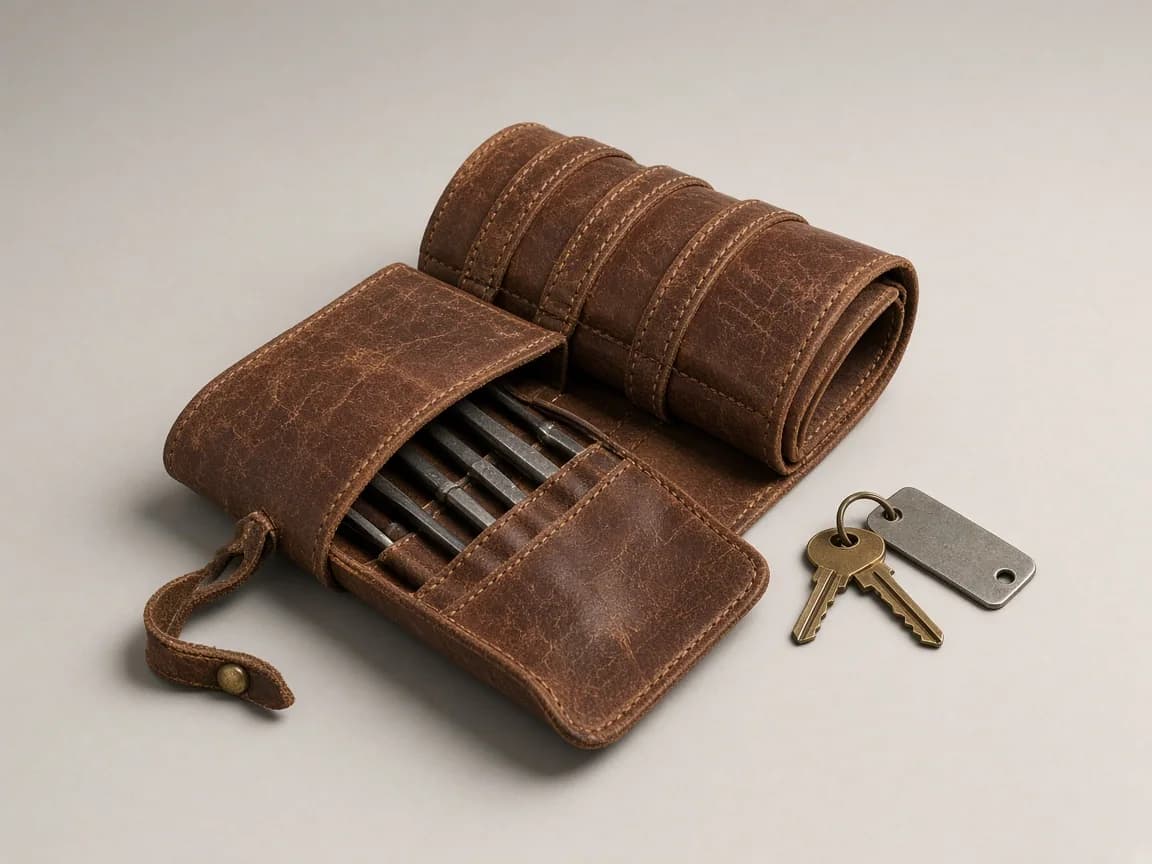 Leather tool roll and keys on a cream studio surface