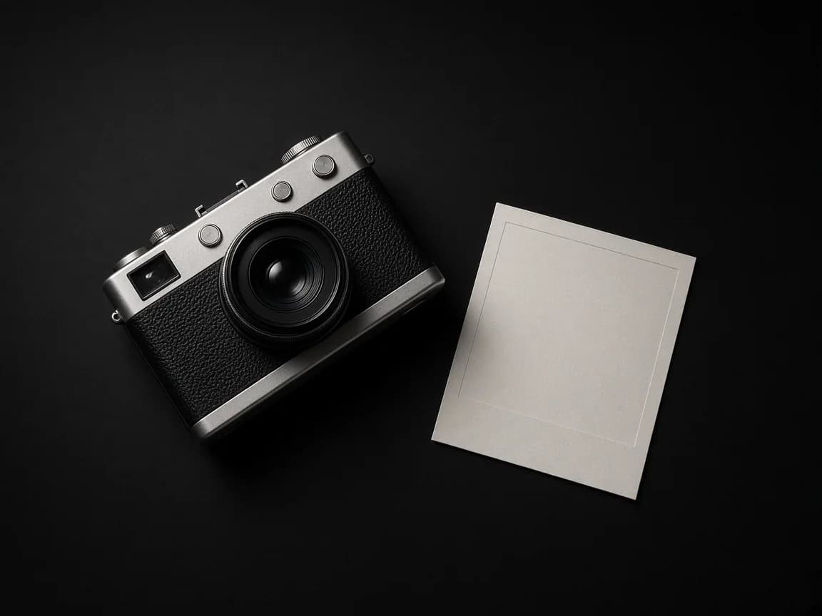 Rangefinder camera and a blank print on black