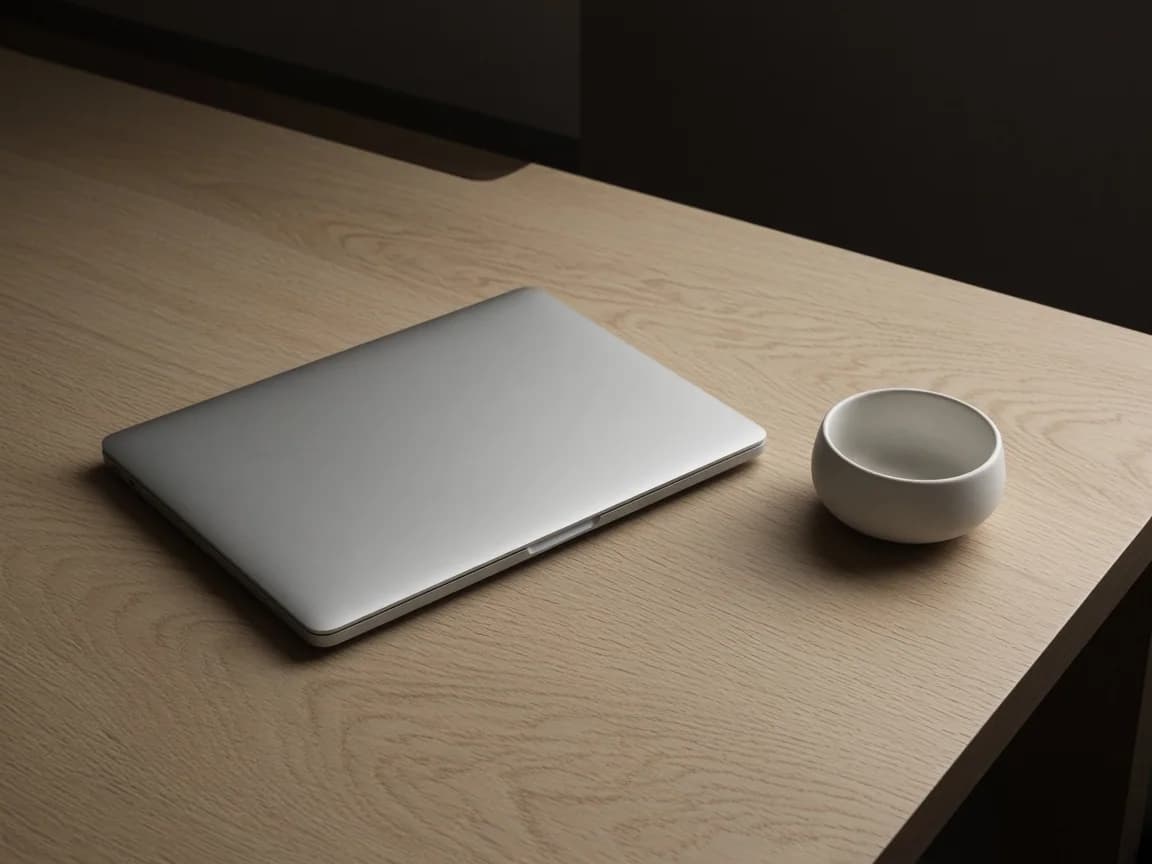 Closed laptop and ceramic bowl on a light wood desk